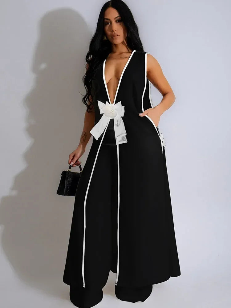 Bow Tie Appliques V-neck Sleeveless Long Top and Wide Leg Pants Matching Sets Women Two Piece Set Elegant Vintage Club Outfits - Kimlud