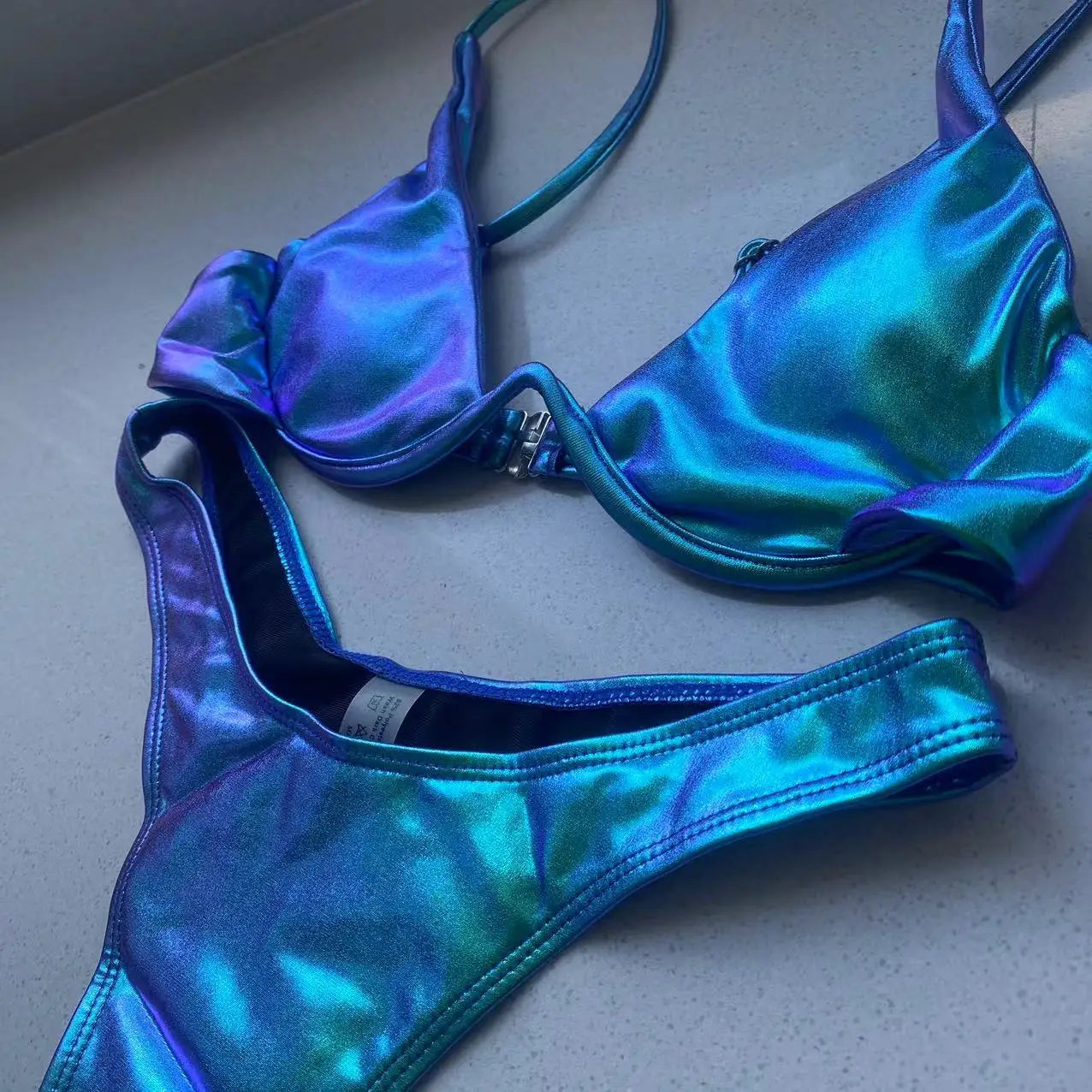 Sexy Triangle Bikini 2022 holographic Blue Push Up Extreme Thong Swimwear Brazilian Bandage Bathing Suit Swimsuit Micro Biquini - Kimlud