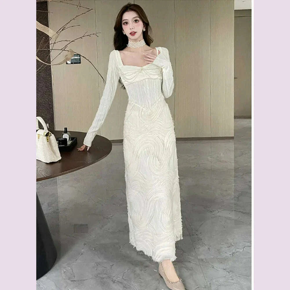 French Romantic Beige Textured Patchwork Design Elegant Square Neck Appliques Slim Elastic Knit Dress