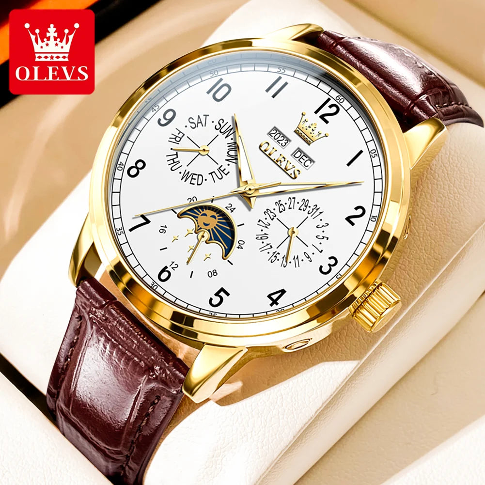 OLEVS 6698 Mens Watch Luxury Dress Brand Moon Phase Automatic Mechanical Watch For Men Leather Waterproof Dual Calendar...