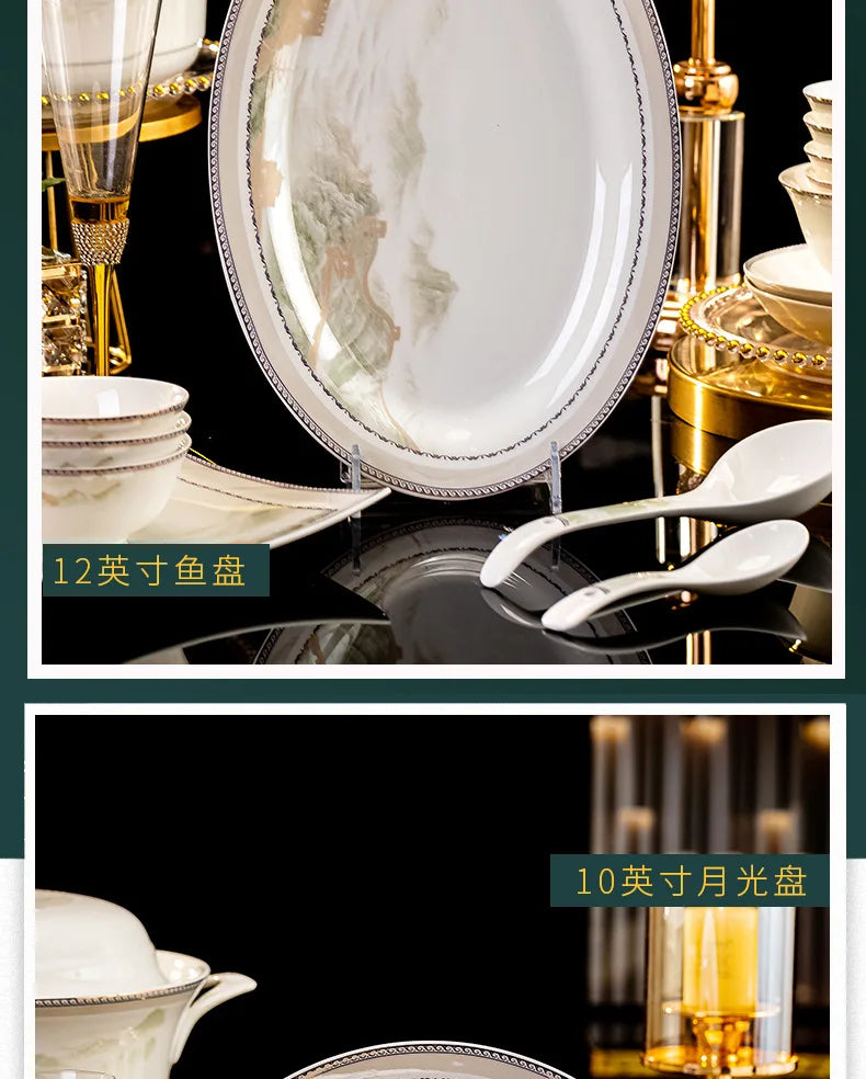 Jingdezhen dish set housewarming tableware set bowl and plate ceramic tableware set light luxury plate bowl | Kimlud...
