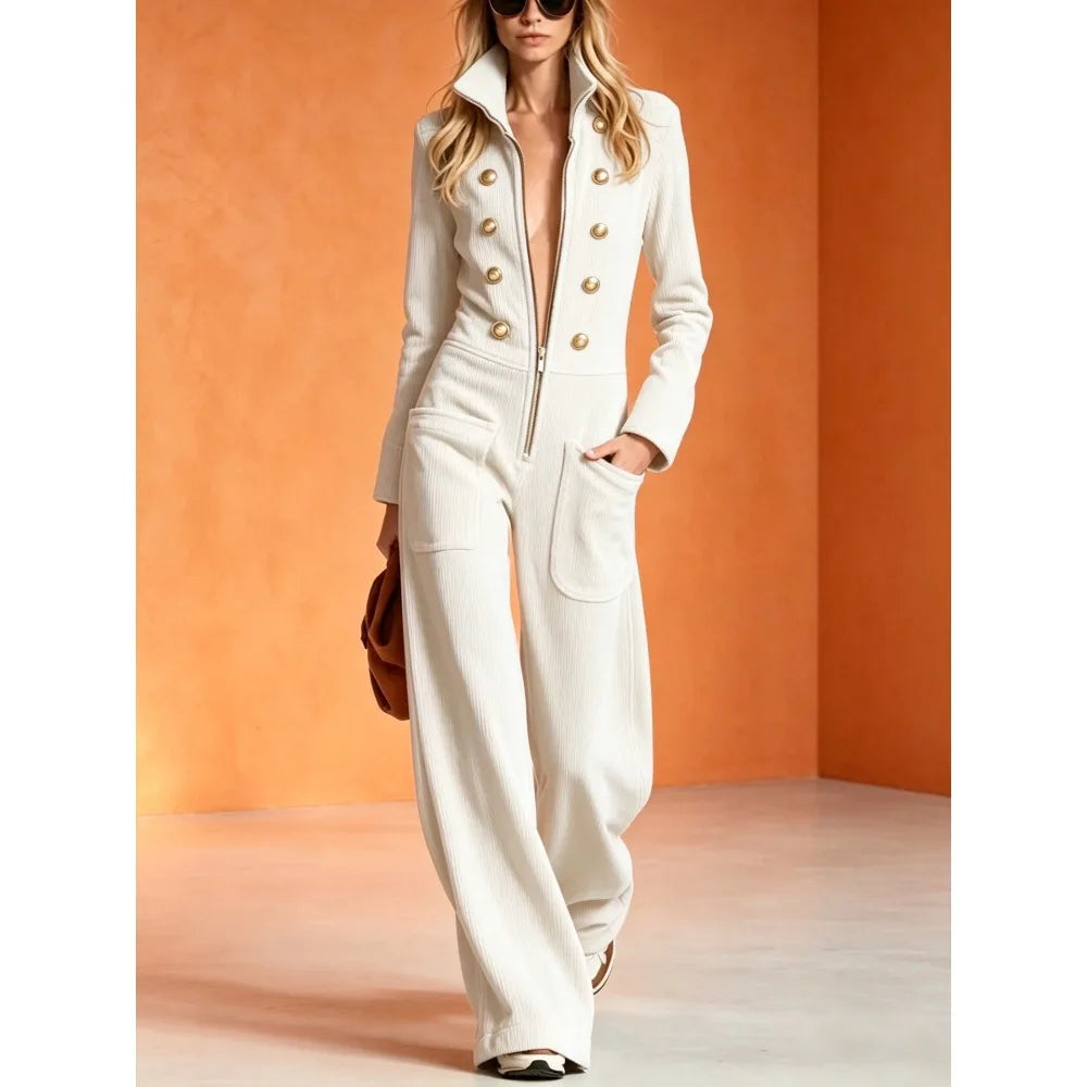 2026 Fall Winter Women Corduroy Stand Collar Front Zip Wide Leg Jumpsuit Mid Waist - Kimlud