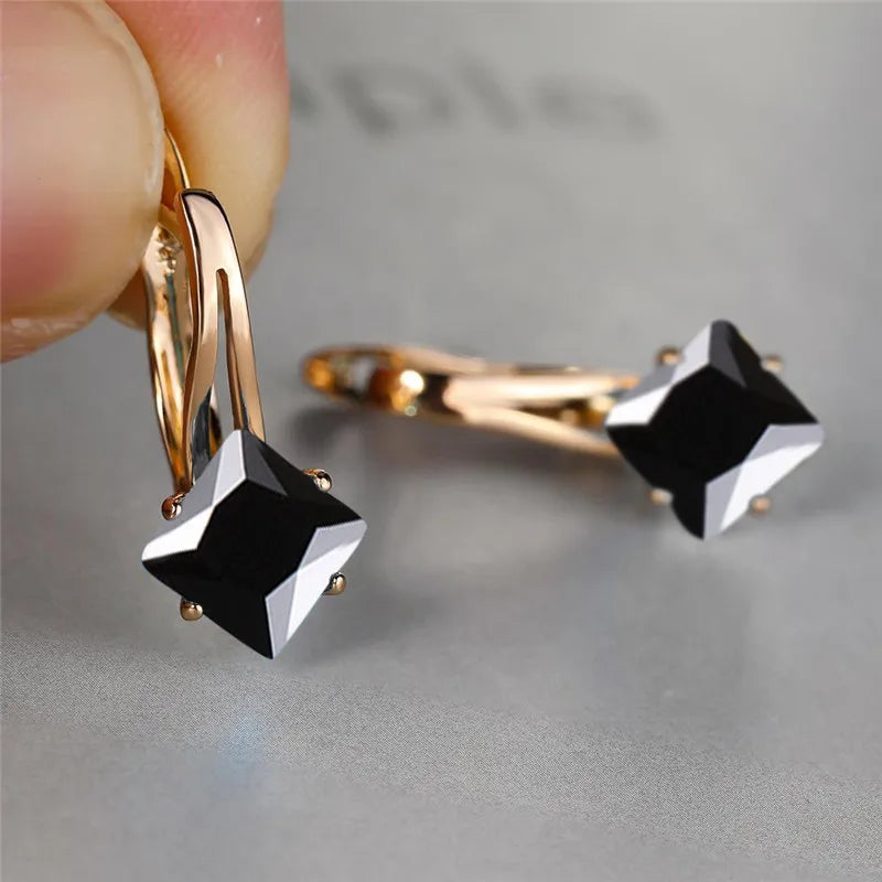 Cute Female Champagne Square Jewelry Luxury Crystal Zircon Stone Hoop Earring Rose Gold Color Wedding Earrings For Women