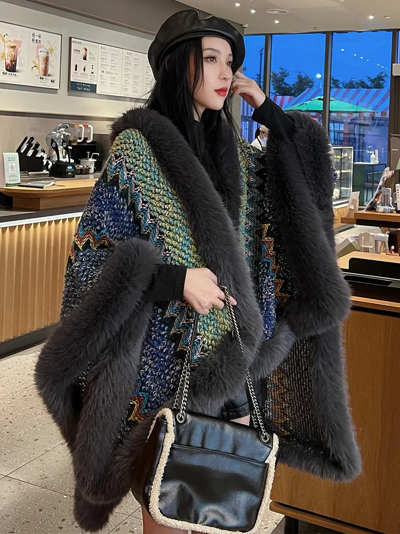 Novelty Vintage Fluffy Hollow Knit Cape Faux Fox Fur Trims Coat Poncho Women Autumn Winter Colorful Cloak Party Travel...