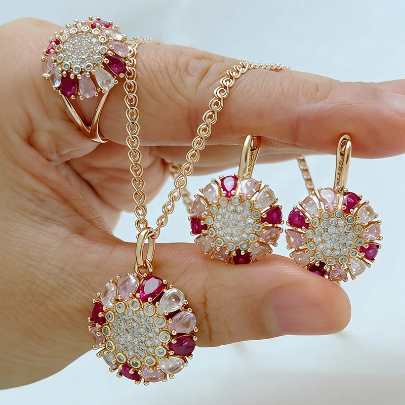 Kinel 585 Rose Gold Color Ethnic Vintage Women Jewelry Sets Shiny Colorful Natural Zircon Ring Earrings Necklace Daily...