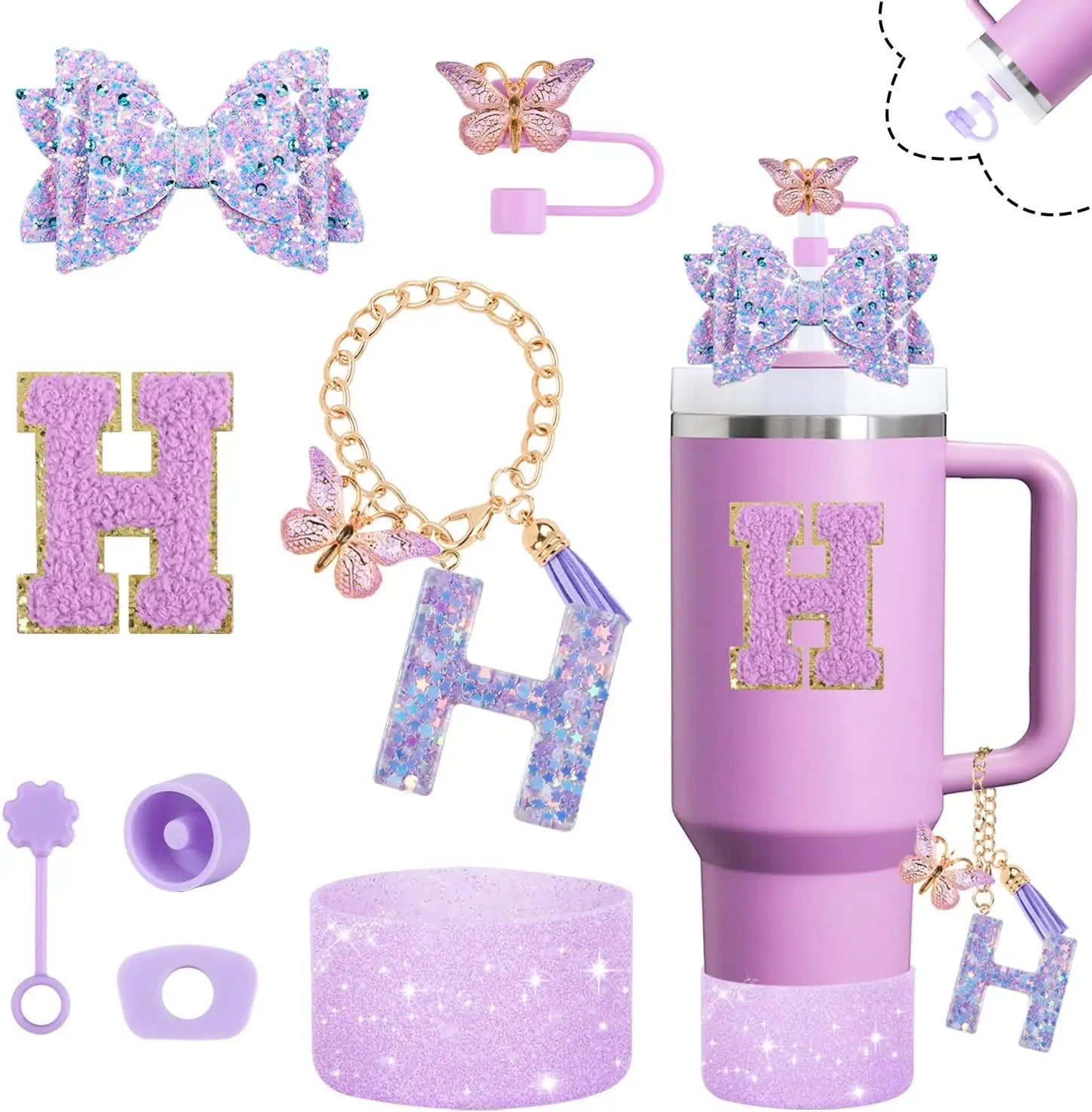 8pcs Cup Accessories Set for Stanley Cup 30oz 40oz tumbler Straw Topper Cover, Boot, Spill Proof Stoppers, Handle Charms Sticker