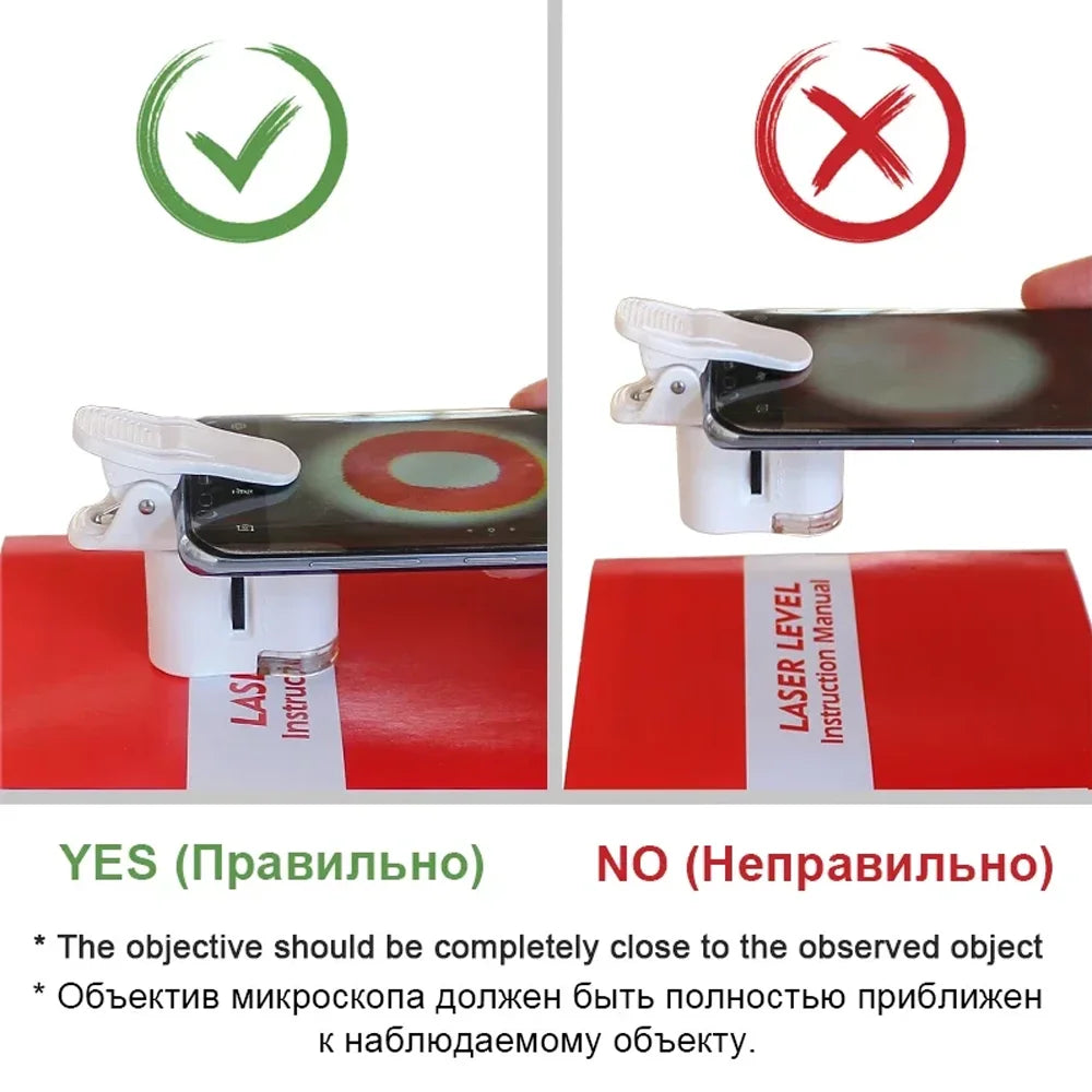 Universal Clip Microscope LED Jewelry Magnifying Glass Focusing Adjusted Pocket Microscope with Cell Phone Clip UV Light 60X