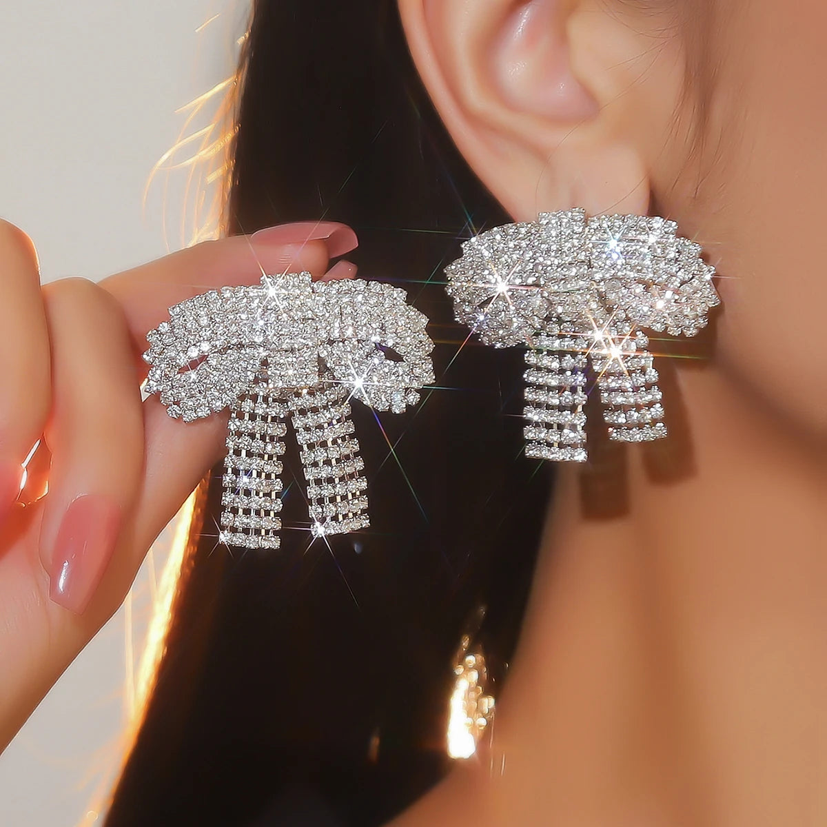 Silver Rhinestones Earrings for Women Sparkly Long Linear Dangle Earrings Dangle Tassels Statement Earrings Bridal Wedding