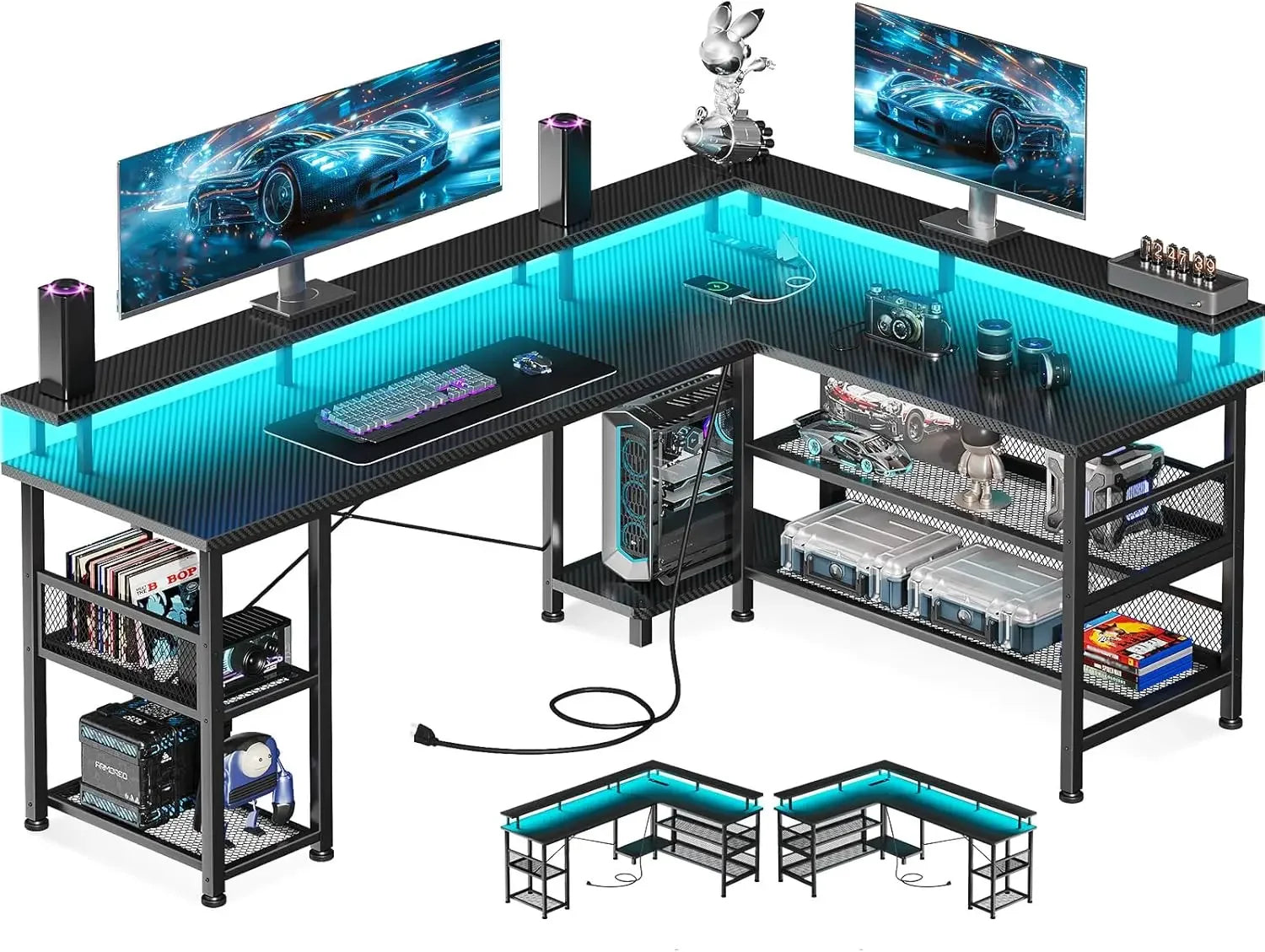 66" L Shaped Gaming Desk with Power Outlet and LED Lights, PC Gaming Table with Carbon Fiber Texture