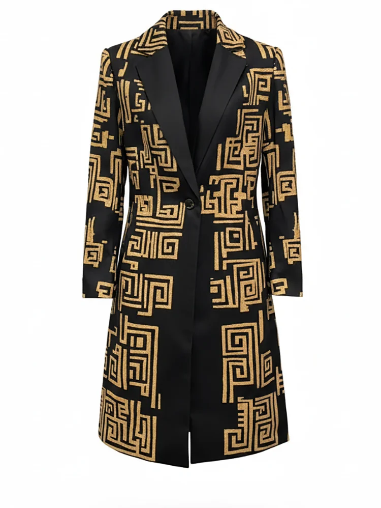 Modigirl 2026 New Spring Women's Vintage Midi Length Coat Urban Trendy Golden Meander Print Long Jackets Pockets female