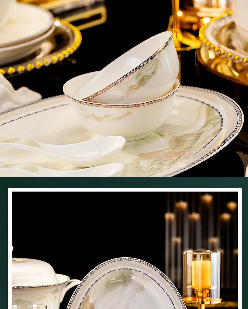 Jingdezhen dish set housewarming tableware set bowl and plate ceramic tableware set light luxury plate bowl | Kimlud...