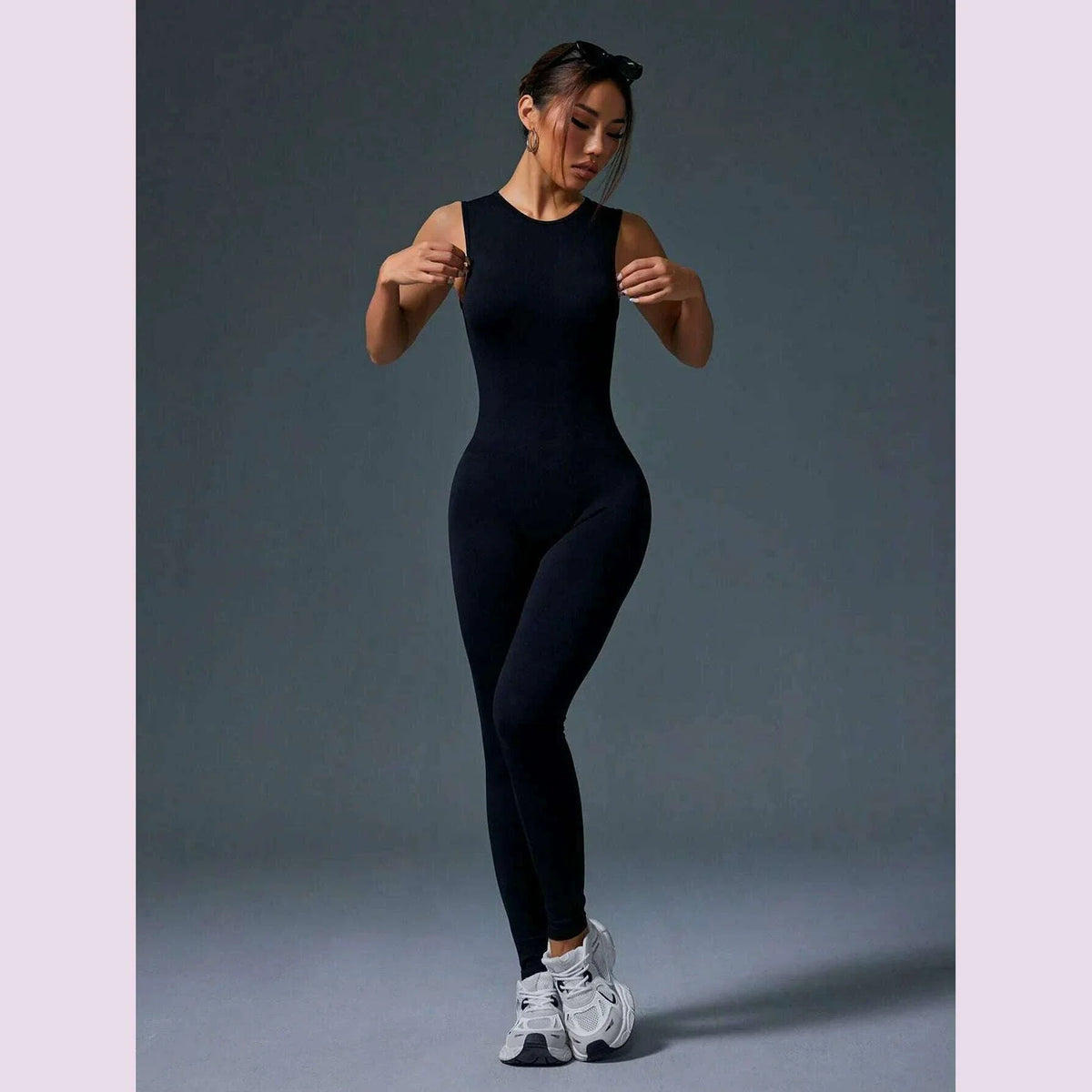 Tight Crewneck Sleeveless Jumpsuit, Zipper Closure Sports Yoga Slim Fit Long Seamless Jumpsuit, Women's Tracksuit