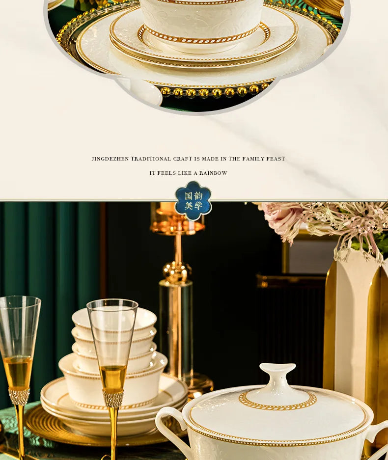 2025 New Jingdezhen Dishes Tableware Free Combination Household High-grade Bone China Tableware Housewarming Relief Rose