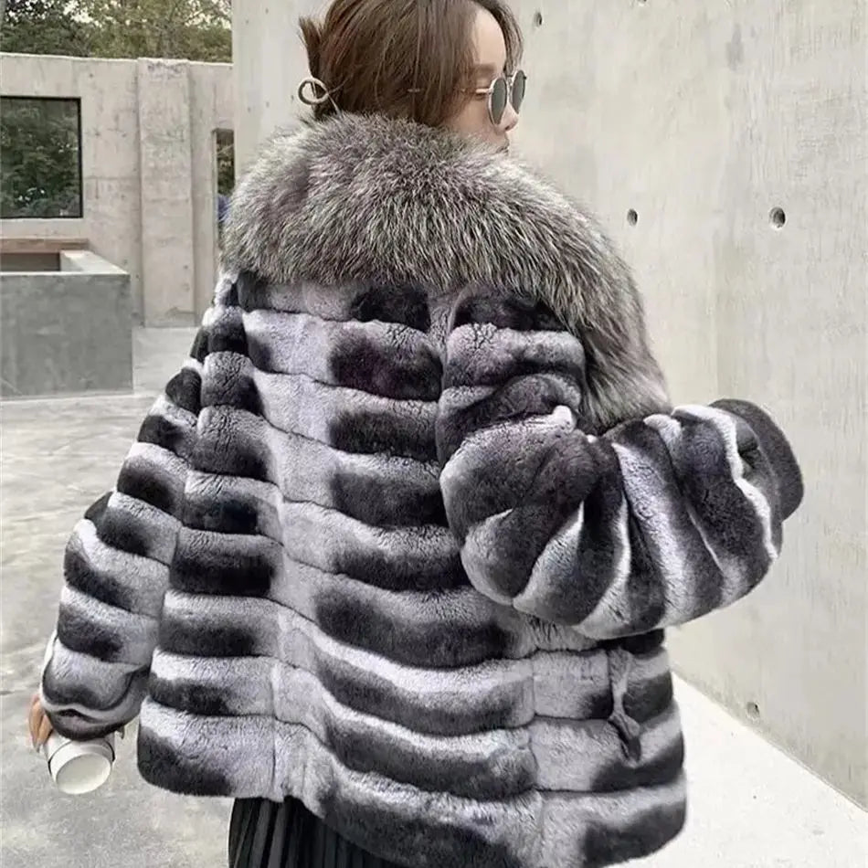 Natural Rex Rabbit Fur Coat for Women, Monochromatic Hood, Thickened and Warm, Large Fox Fur Collar, 100% Pure, New, Winter, 202