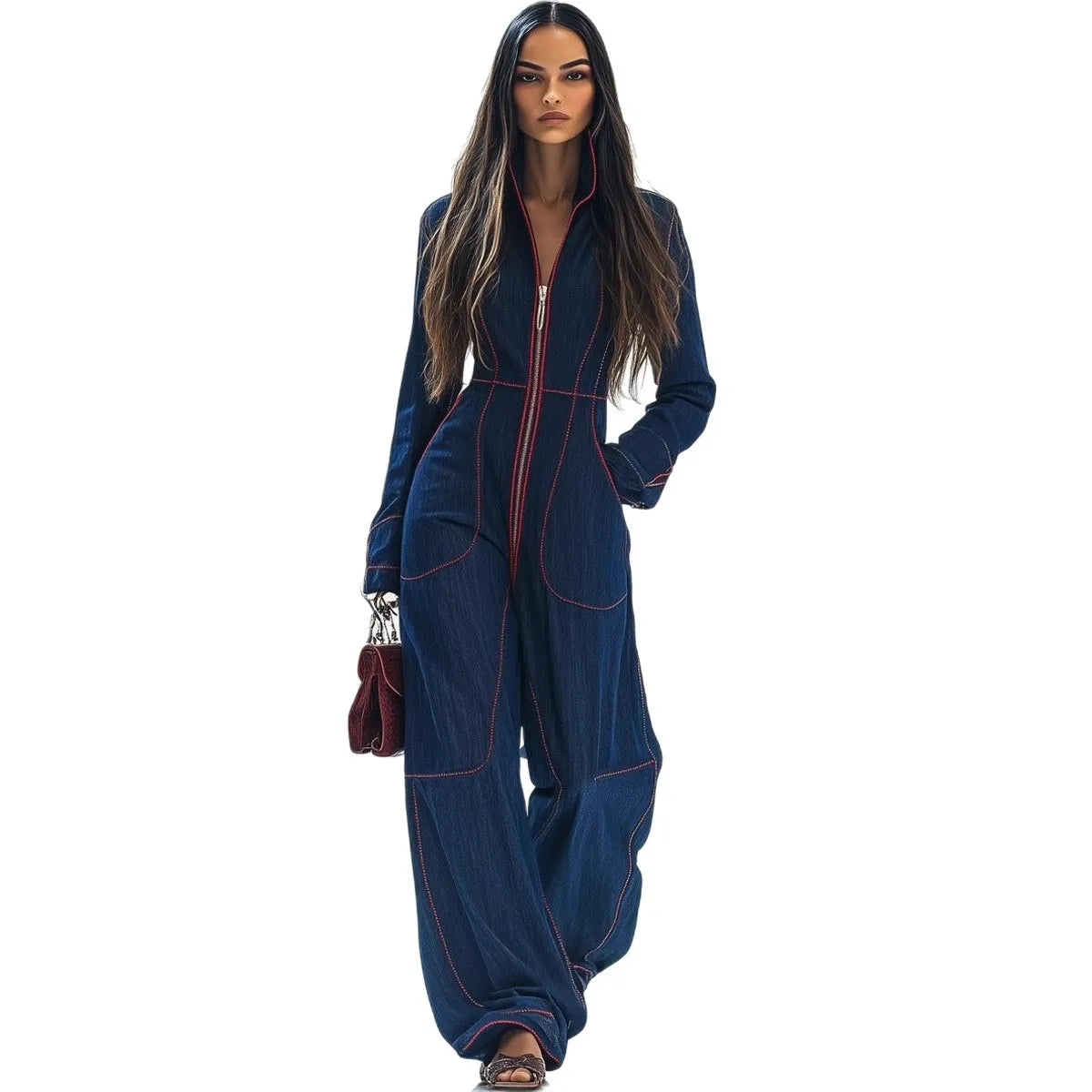 Slim Fit Stand Collar Long Sleeve Casual Cargo Jumpsuit 2025 New Style Europ-American High-Grade Waist-Cinched Wide-Leg...