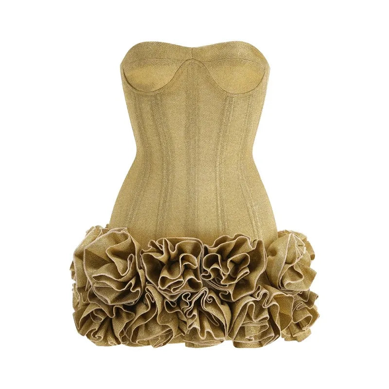 Stereoscopic Flowers Back Laceing Strapless Solid Bandage Mini Evening Dress Sweet Woman Birthday Party Patchwork Lace Up Dress