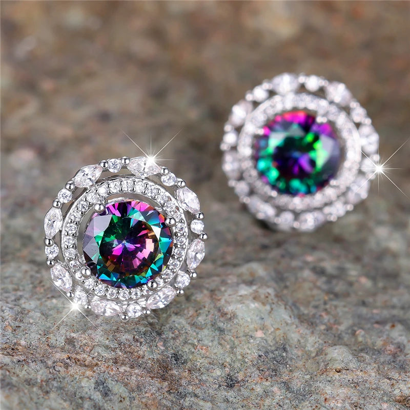 Female Crystal Rainbow Zircon Stone Round Stud Earrings Vintage Silver Color Wedding Fashion Jewelry For Women | Kimlud...