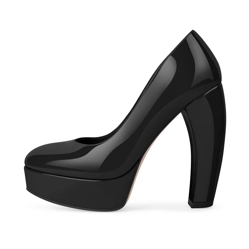 Onlymaker Women Round Toe Platform Patent Leather Chunky Heel Pumps High Heeled Office Dress Classic Pumps Heels