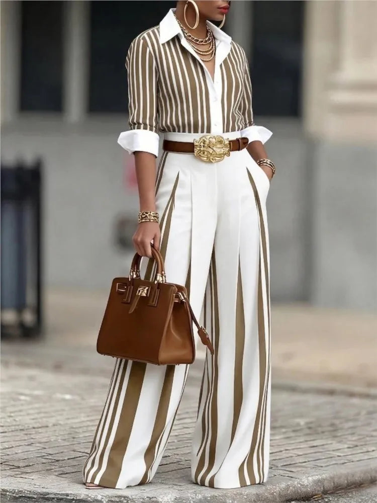 Women Fashion Striped Printed Shirt Two Piece Sets Autumn Lapel Single-Breasted Long Sleeve Shirt Top + Wide Leg Pants Outfit