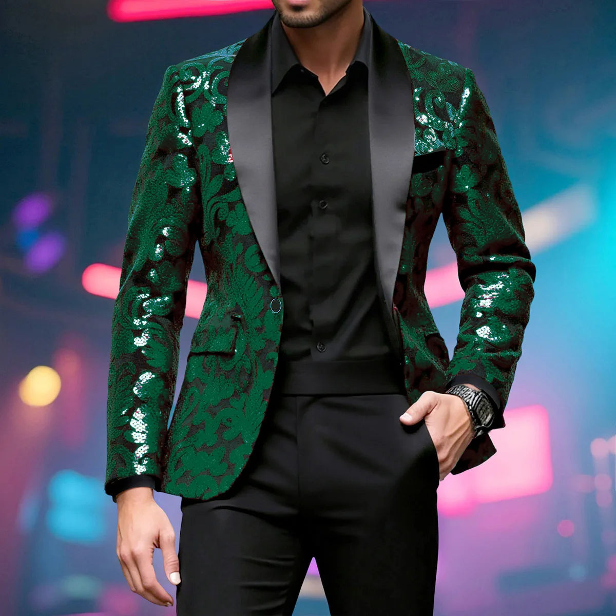 Shiny Sequin Embellished Single Button Stage Performance Outerwear in Blue Gold Green Purple Options for Men's Red Suit...