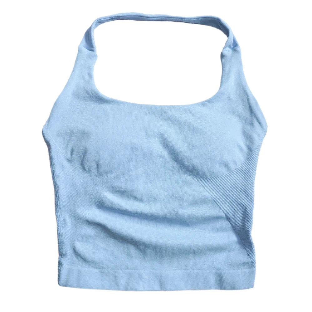 Gym Top Women Clothes Strappy Workout Tank Top Padded Sports Bra Backless Yoga Shirts Seamless Gym Crop Top Halter Fitness Vest