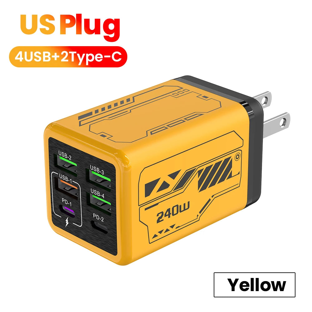 240W 6 Ports 4USB+2Type C Super Fast Charging Mobile Phone Charger USB3.0 PD3.0 EU/UK/US Charger For Iphone 17 16 Samsung POCO