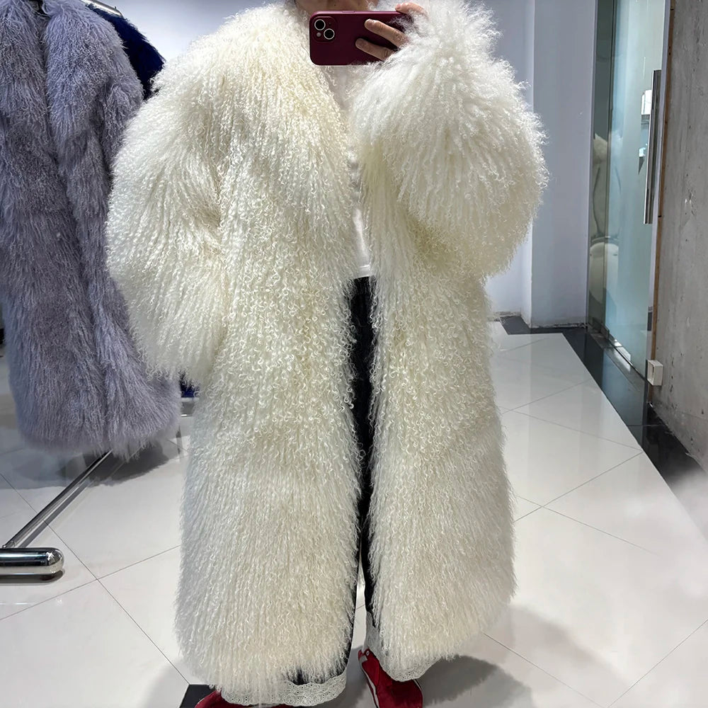 YOLOAgain 2025 Winter Warm Turn-Down Collar Real Mongolia Sheep Fur Jacket Long Women Plus Size 6XL Outerwear