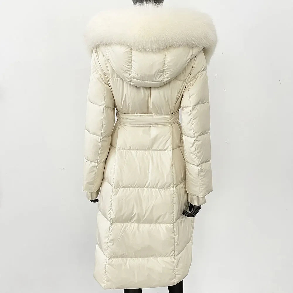 CXFS New Real Raccoon Fox Fur Collar Hooded Natural Long Winter Jacket Women 90 White Duck Down Coat Thick Warm Casual Outerwear