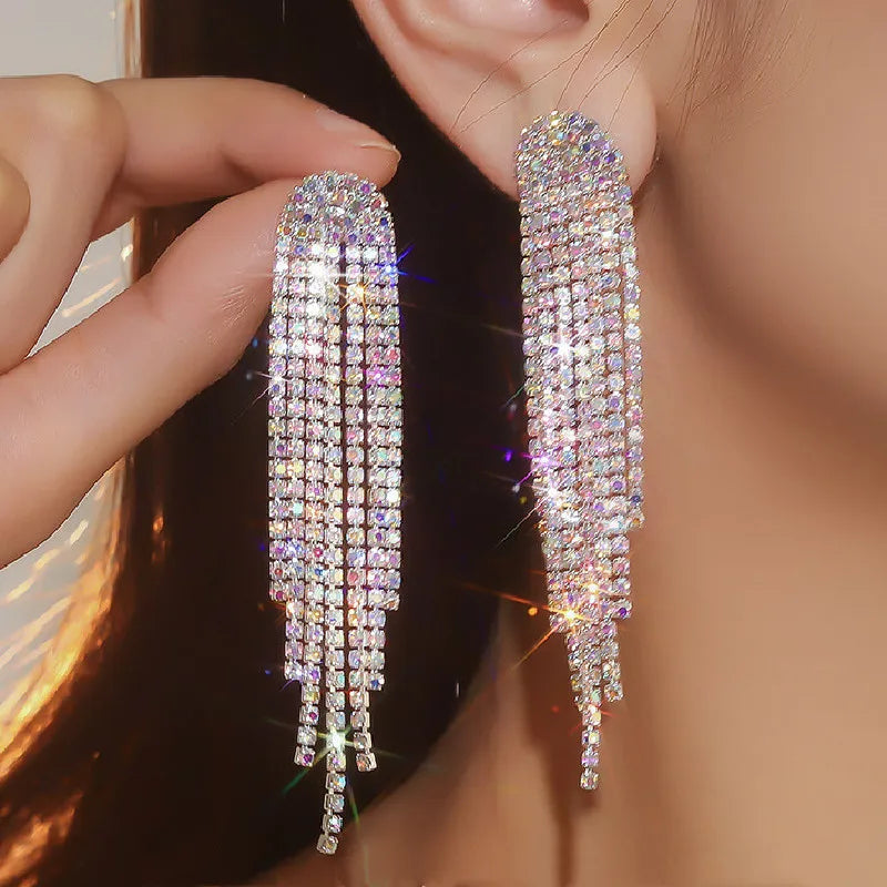 FYUAN Fashion Long Tassel Drop Earrings for Women Black Gold Silver Color Rhinestone Dangle Earring Wedding Party Jewelry