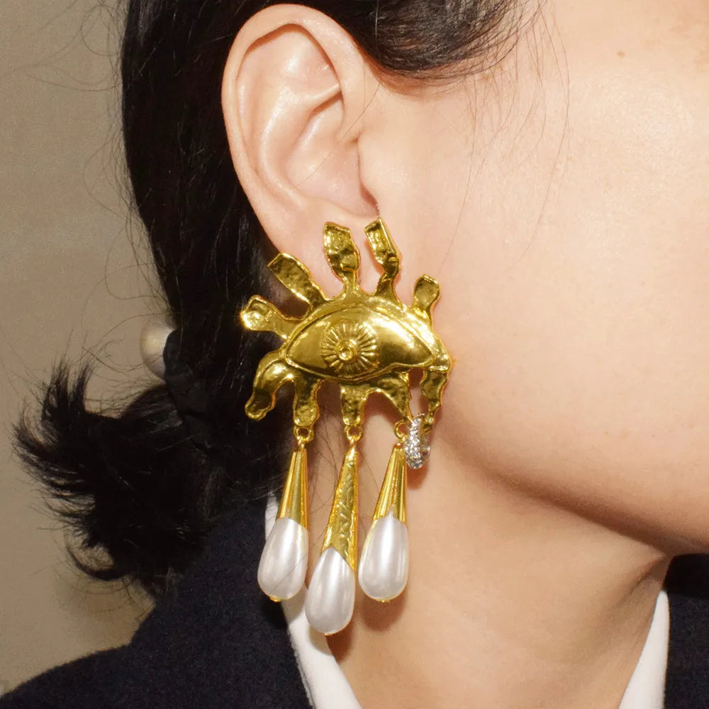 Vintage Ethnic Metal Alloy Gold-Plated Eyes Dangle Earrings For Women Jewelry Fashion Show Statement Earrings...