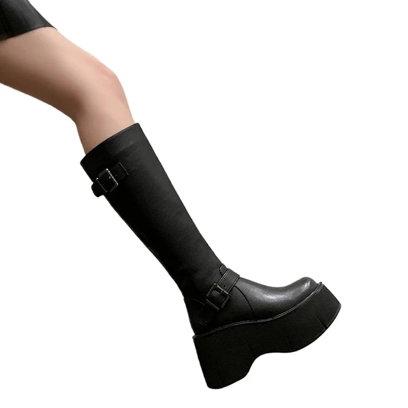 2024 Women's Shoes Basic Women's Boots Classics Knee-High Boots Women Belt Buckle Side Zip Round Toe Wedge Platform Shoes Ladies