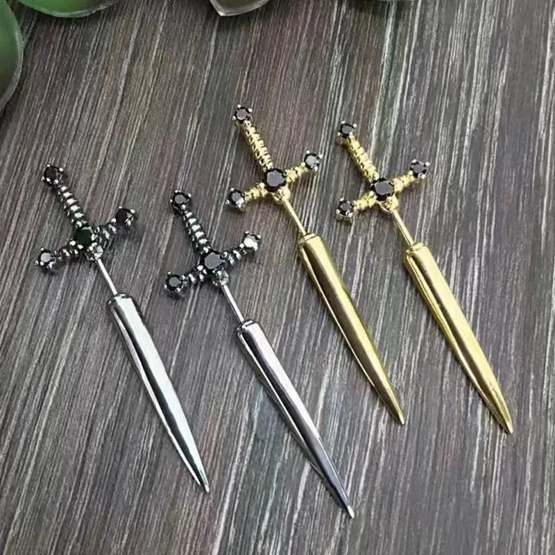 Kiss Jewelry Punk Sword Gothic Kinitial Piercing Earrings for Woman Men Gothic Crystal Ear Jacket Stud Earrings Jewelry - Kimlud
