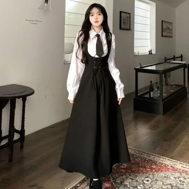 Lapel Neck Tie Long Sleeve White Shirt Women+ Slim Waist Mid-length Strap Dress For Women Two Piece Sets 2025 Fashion New