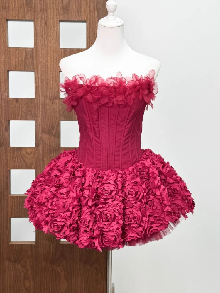 Sexy Strapless Flower Lace A-line Mini Dress Women Red Sleeveless Backless Floral Slim Dresses Evening Party Cocktail...