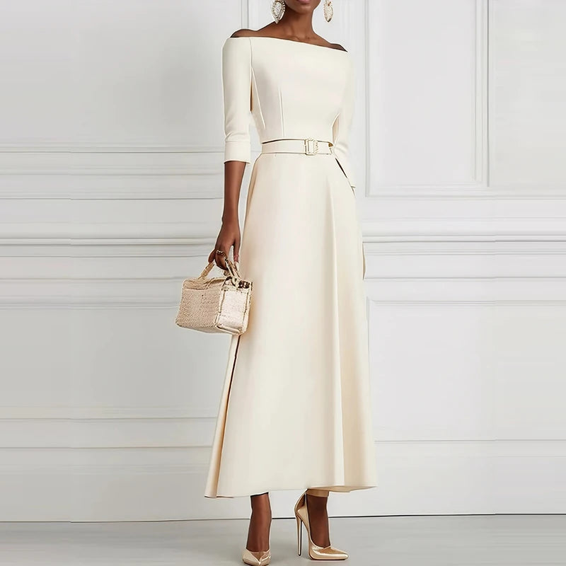 Office Ladies Elegant Solid High Waist Party Dress 2025 Spring Crew Neck Hollow Long Dress Autumn Long Sleeve A-Line Maxi Dress