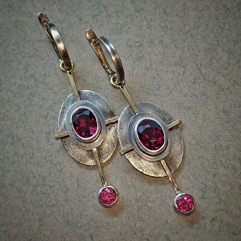 New Vintage Red Crystal Stone Dangle Earrings For Women Tribal Cross Design Oval Antique Metal Statement Earrings Jewelry