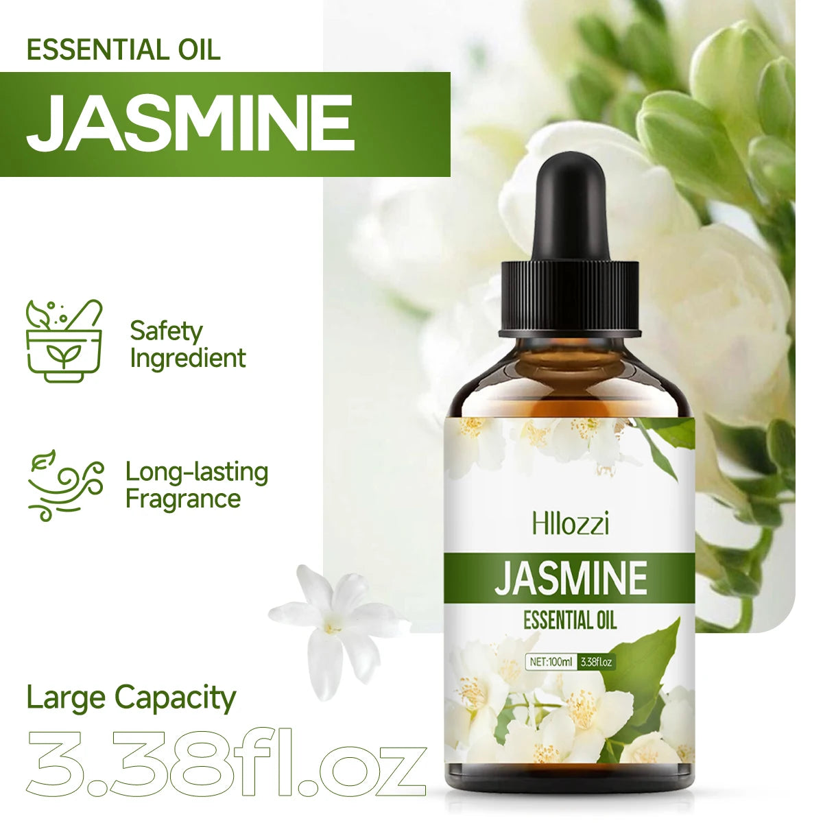 Jasmine essential oil for body massage, aromatherapy diffuser, facial skin care, spa, long-lasting fragrance.