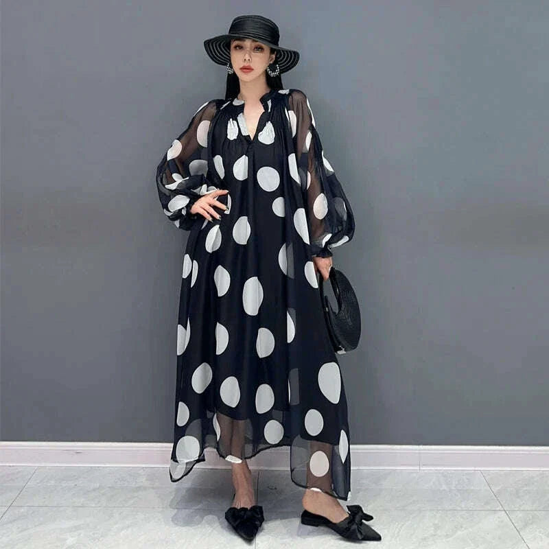 Vefadisa 2025 Summer New Dress Chiffon Printed Polka Dot Puff Sleeves V-neck Long Dress Loose And Elegant HLX007