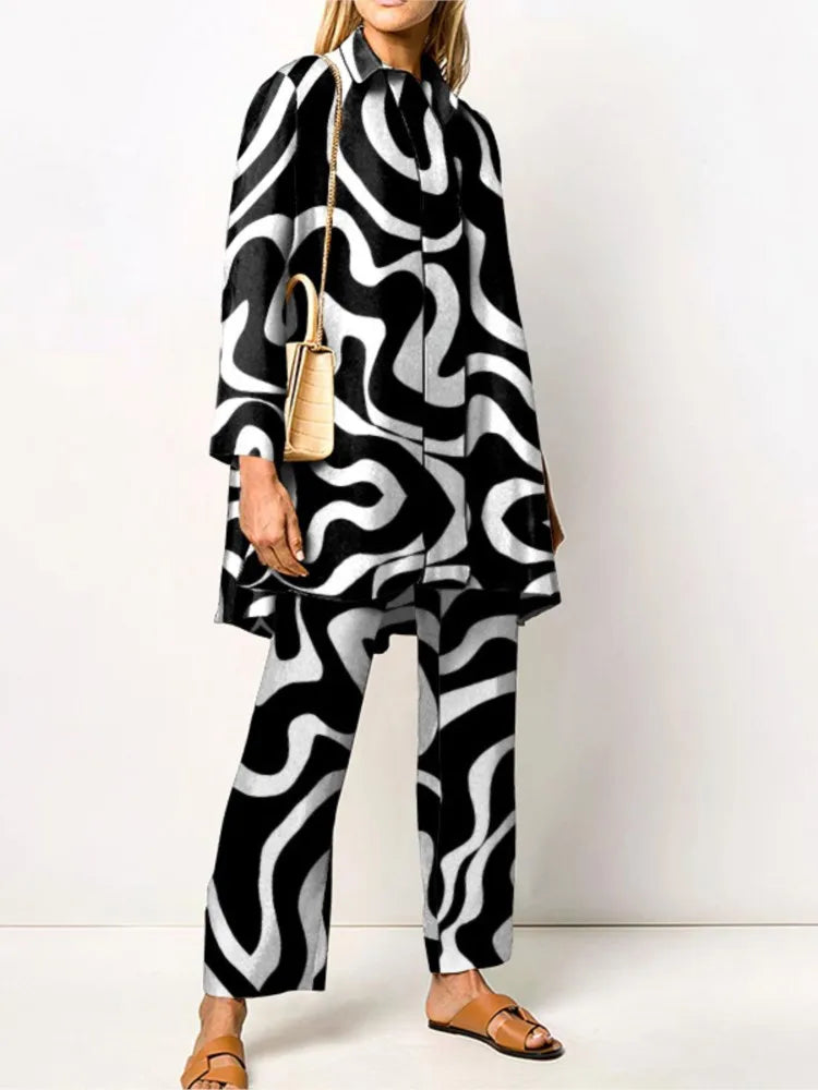 Autumn New Vintage Printed Pant Sets Women Long Shirts And Wide Legs Trousers Two Piece Set Fashion Trendy Streetwear Lady Suits