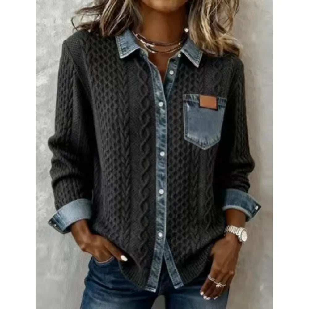 Women knit Denim Shirt Coat Overshirt Vintage Blouse Single Breasted Turn Down Collar Pockets Washed 2025 Office Lady Top Jacket - Kimlud