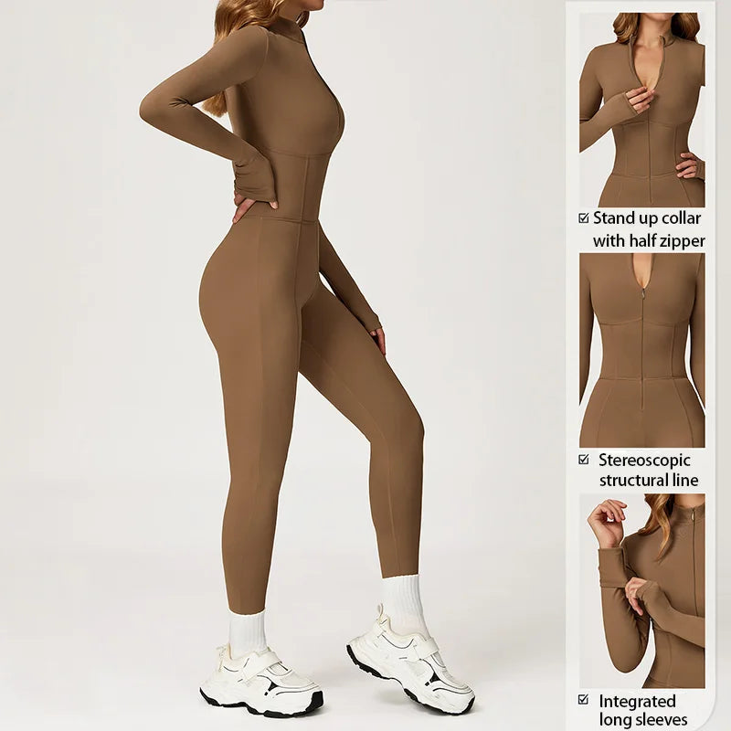 Winter Warm Fleece Sports Jumpsuits Fitness Suits Women's Sportswear Zipper Long Sleeves Tops One-Piece Dance Bodysuit Female - Kimlud