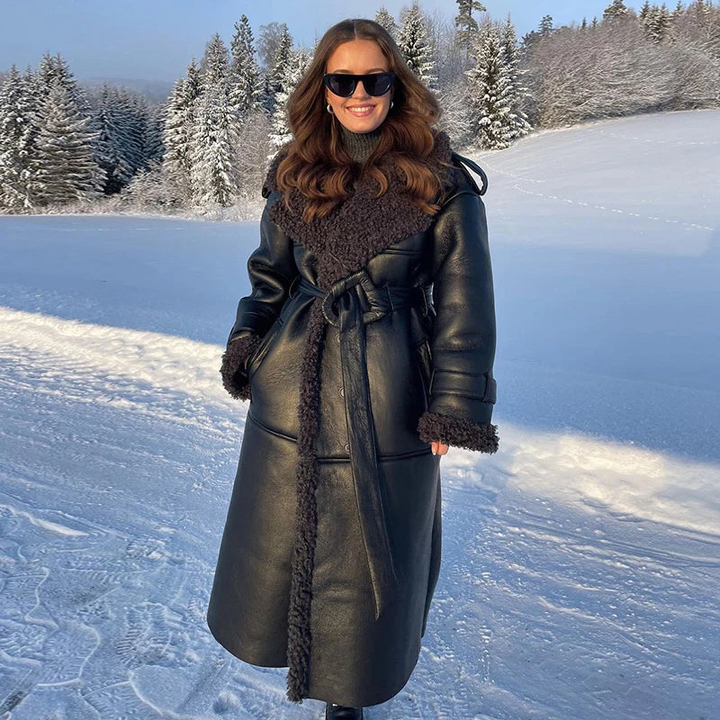 Vintage Patchwork Fur Leather Coats Women Lapel Lace Up Long Sleeve Thicken Warm Jacket 2025 Winter Lady New Streetwear Overcoat