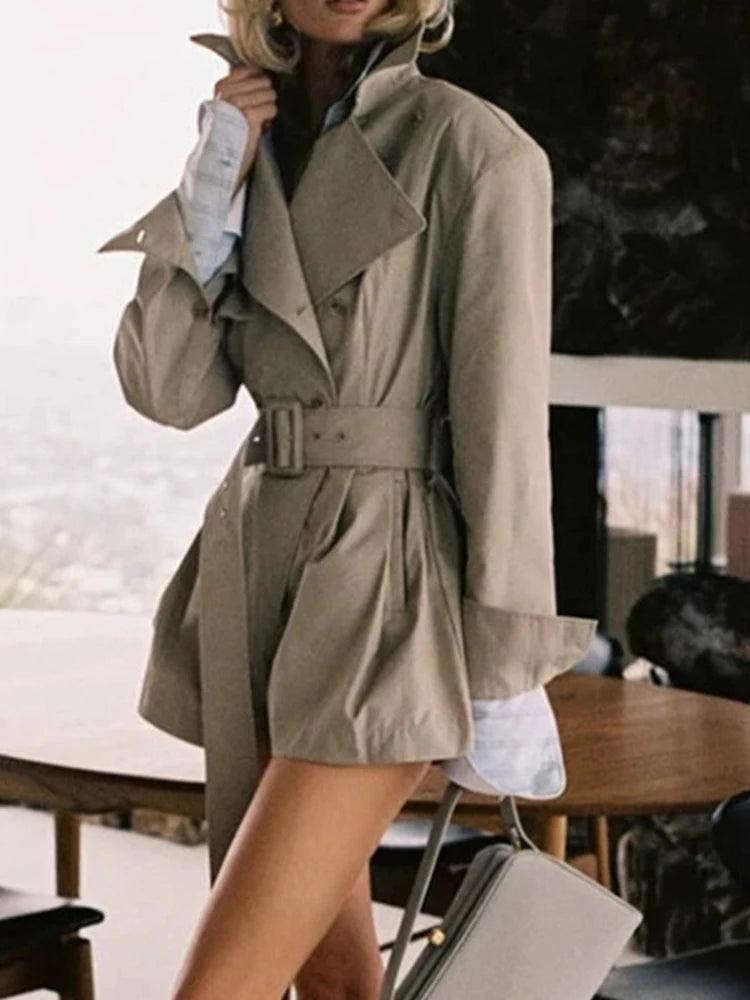 DEAT Fashion Khaki Jumpsuit Women's Lapel Double-Breasted Sashes Trench Coat Loose Rompers Autumn New 7A1521 - Kimlud