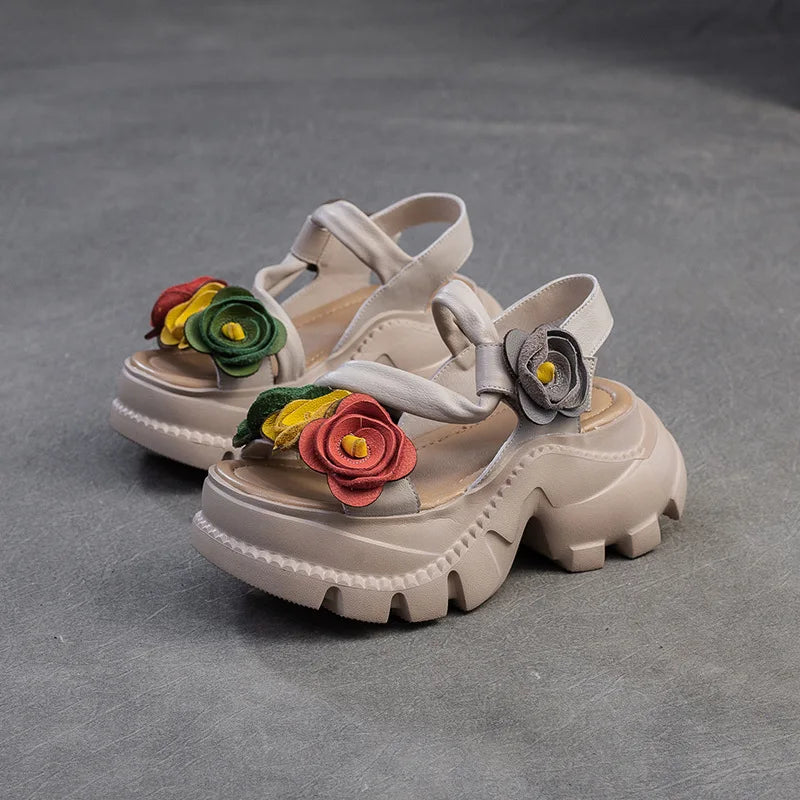 Koznoy 7cm Cow Genuine Leather Platform Wedge Women Summer Flower Slippers Pumps Hook Hollow Mary Jane Sandals Shoes Flats - Kimlud