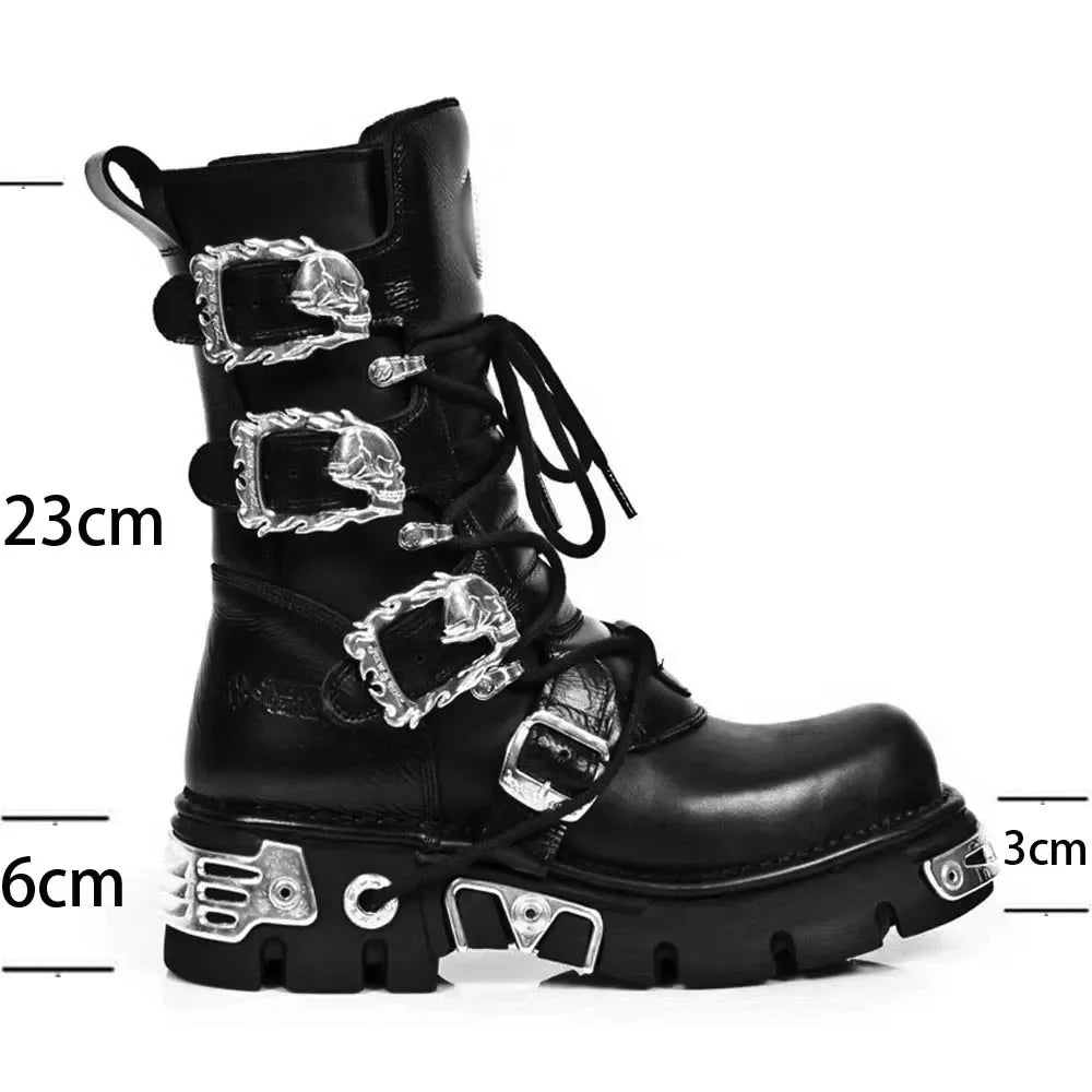 Men's Fashion Genuine Leather Motorcycle Boots Goth Skull Punk New Unisex Mid-calf Cowboy Boots Metallic Combat Boots