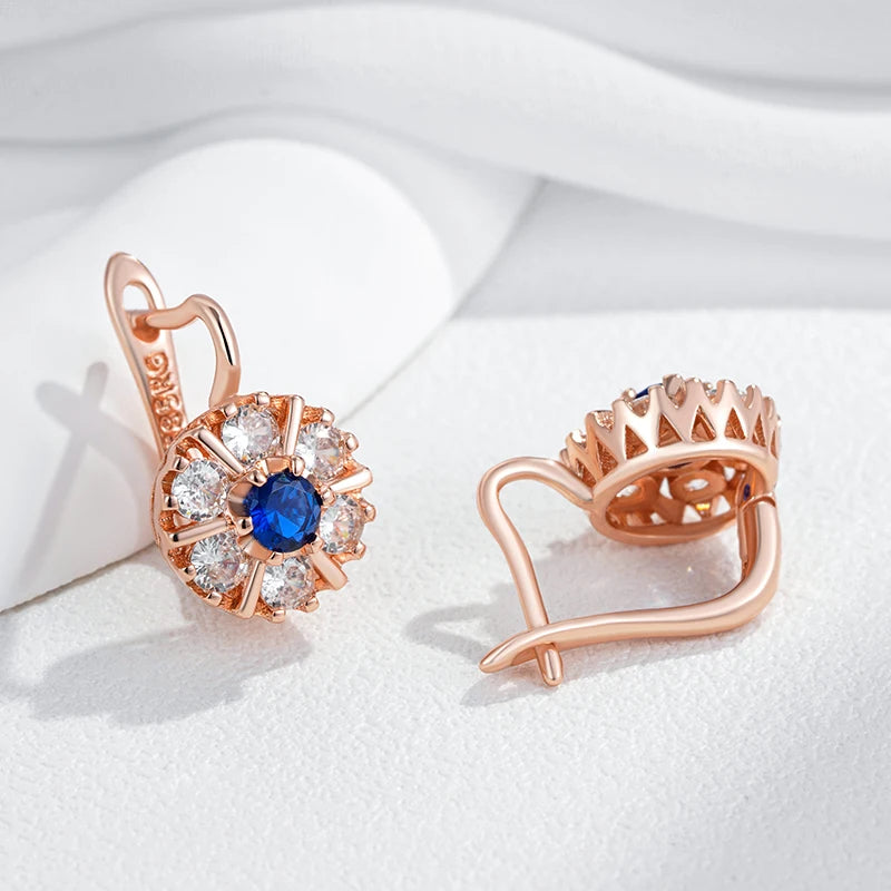Kienl Hot 585 Rose Gold Color Flower English Earring for Women Trend Blue Natural Zircon Accessories High Quality Daily Jewelry