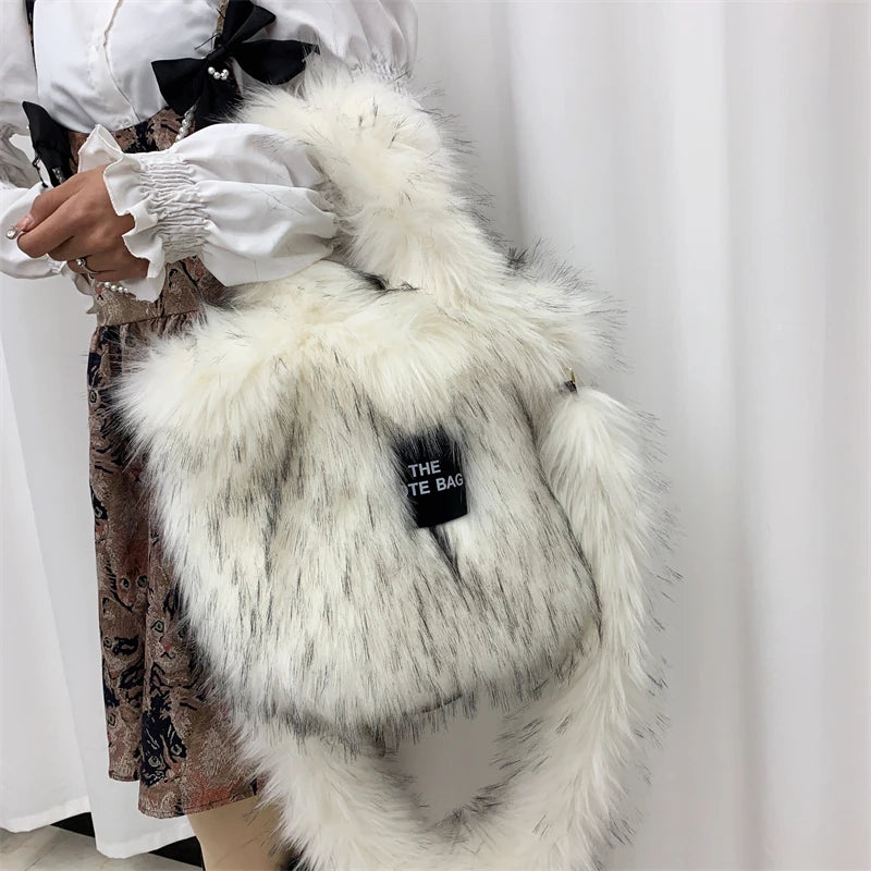 Luxury Designer The Tote Bags for Women Furry Leather Branded Fur Shoulder Bags Female Large Crossbody Handbags