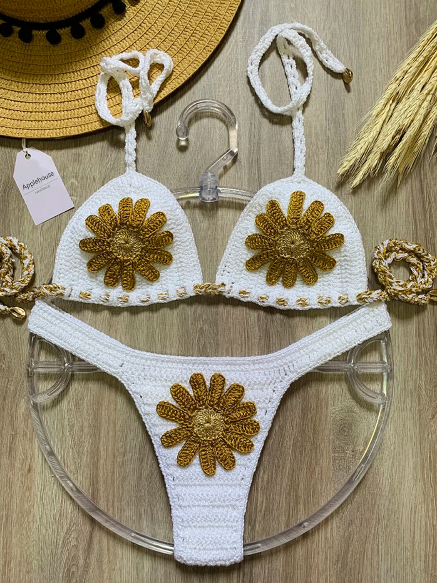 Crochet Bikinis Set Mujer Tankini Swimwear Women Biquinis Feminino Sexy Swimsuit Biquini Flor Brazilian Adjustable Thong Bikini - Kimlud