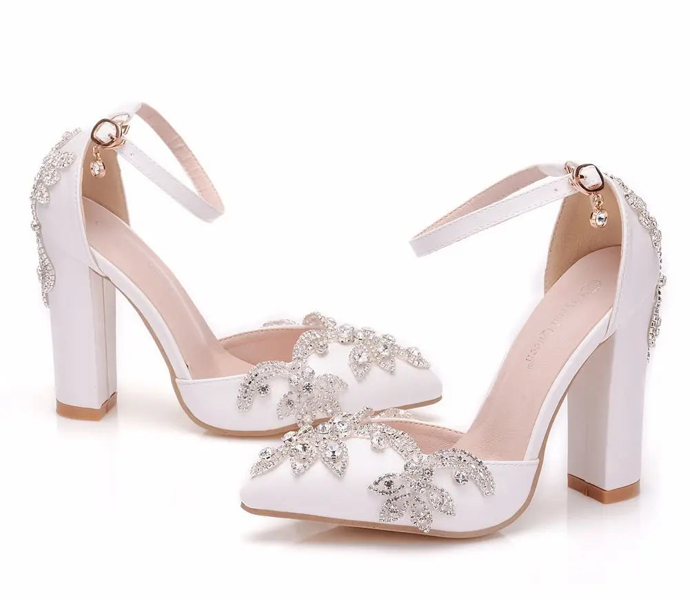 Summer Brand Women Sandals Party Flower Rhinestone Cover Heel 10.5 CM Square Heel Lady Wedding Hot Sale Lovely Women Shoe - Kimlud