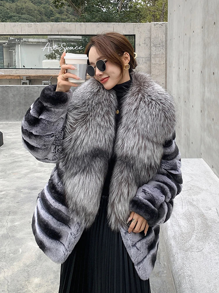 Winter Women Real Rex Rabbit Fur Coat 100% Natural Fur Jacket with Large Silver Fox Fur Collar Luxury Streetwear